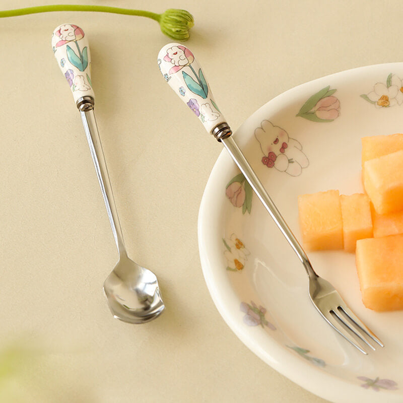 Floral Ceramic Handled Dessert Spoon & Fork