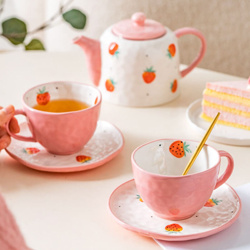 Hand Painted Strawberry Ceramic Teapot Set