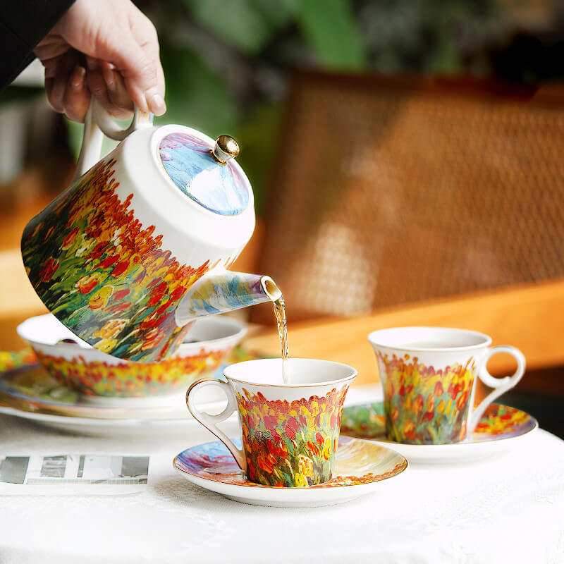 Oil Painting Tulip Ceramic Teapot Set