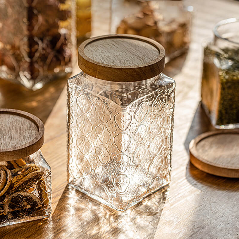 Square Embossed Glass Storage Jar