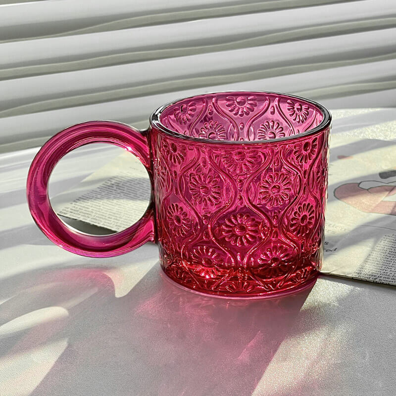 Vintage Begonia Flowers Embossed Glass Cup