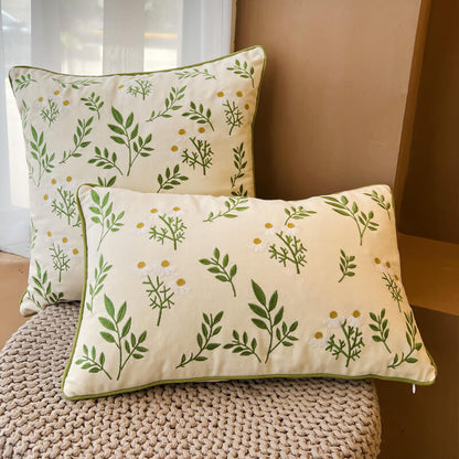 Leaf Embroidered Cotton Throw Pillow Cover