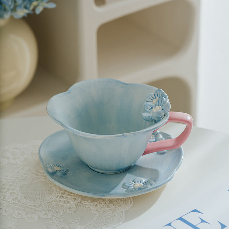 Spring Embossed Plum Blossom Ceramic Cup and Saucer