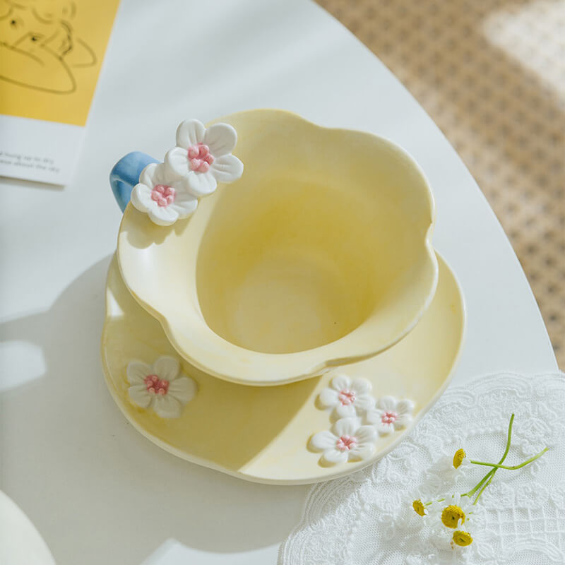 Spring Embossed Plum Blossom Ceramic Cup and Saucer